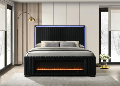 Amber Bed | Black Velvet | LED Headboard & Decorative Fireplace