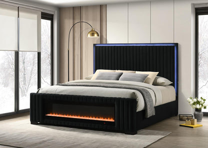 Amber Bed | Black Velvet | LED Headboard & Decorative Fireplace