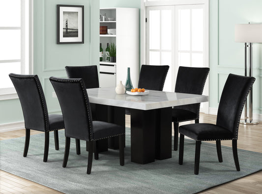 Arden 7-Piece Faux Marble Dining Set | Black Upholstered