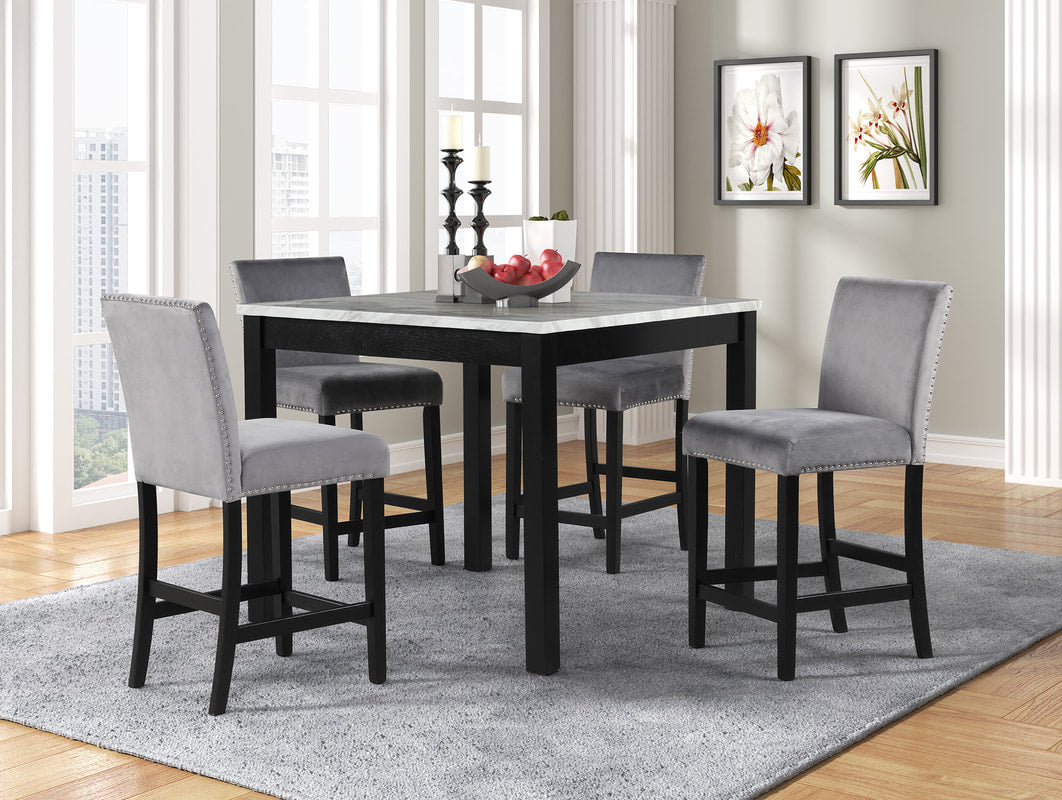 Dior 5-Piece Counter Height Faux Marble Dining Set | Gray Velvet