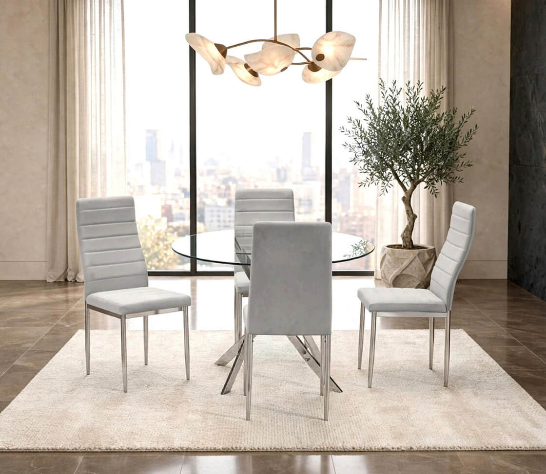 Nova 5-Piece Round Glass Dining Set | Gray & Chrome