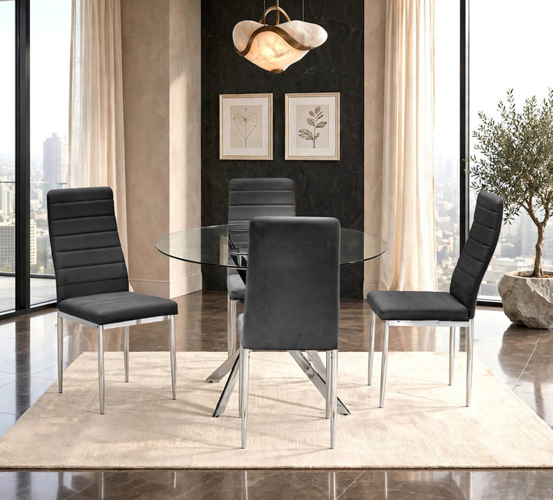 Nova 5-Piece Round Glass Dining Set | Black & Chrome