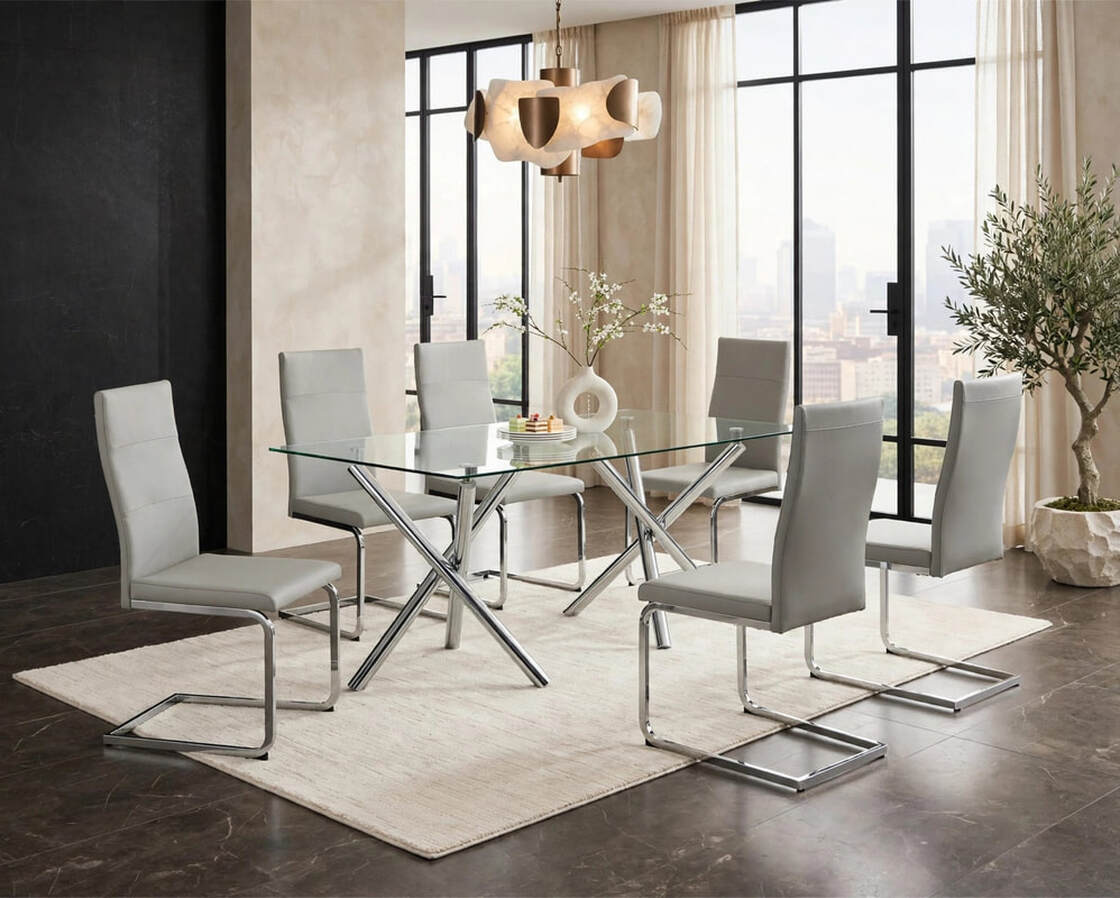 Axis 7-Piece Glass Dining Set | Gray & Chrome