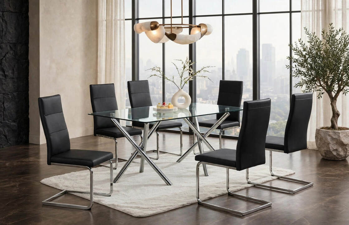 Axis 7-Piece Glass Dining Set | Black & Chrome