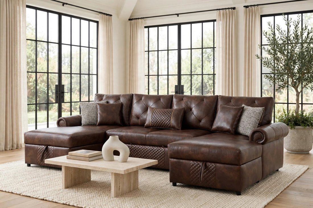 Sonoma Leather-Gel Sleeper Sectional with Double Storage Chaise | Brown