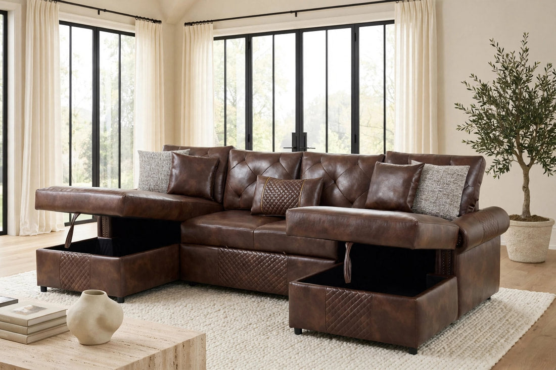 Sonoma Leather-Gel Sleeper Sectional with Double Storage Chaise | Brown