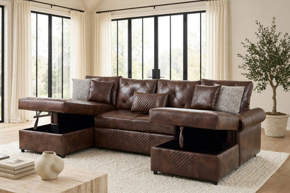 Sonoma Leather-Gel Sleeper Sectional with Double Storage Chaise | Brown