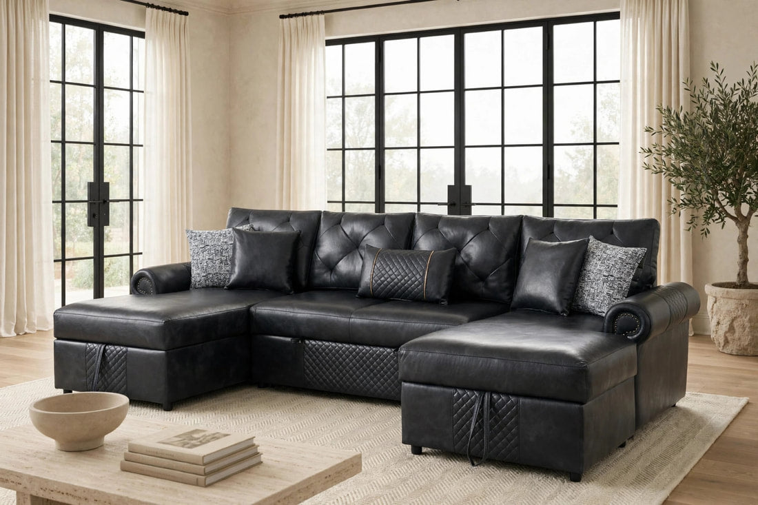 Sonoma Leather-Gel Sleeper Sectional with Double Storage Chaise | Black