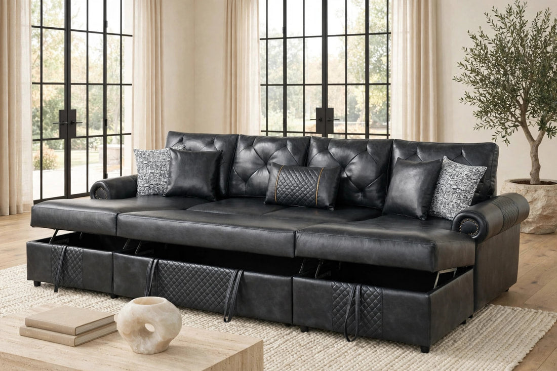 Sonoma Leather-Gel Sleeper Sectional with Double Storage Chaise | Black