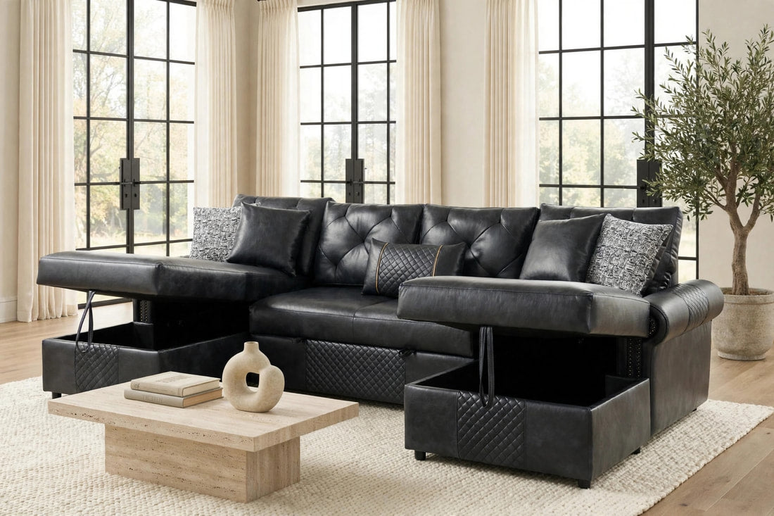 Sonoma Leather-Gel Sleeper Sectional with Double Storage Chaise | Black