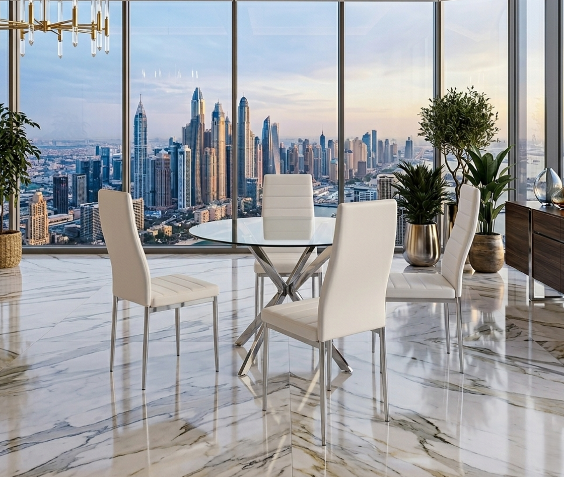 Nova 5-Piece Round Glass Dining Set | White & Chrome