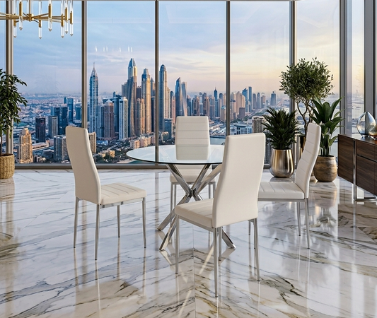 Nova 5-Piece Round Glass Dining Set | White & Chrome